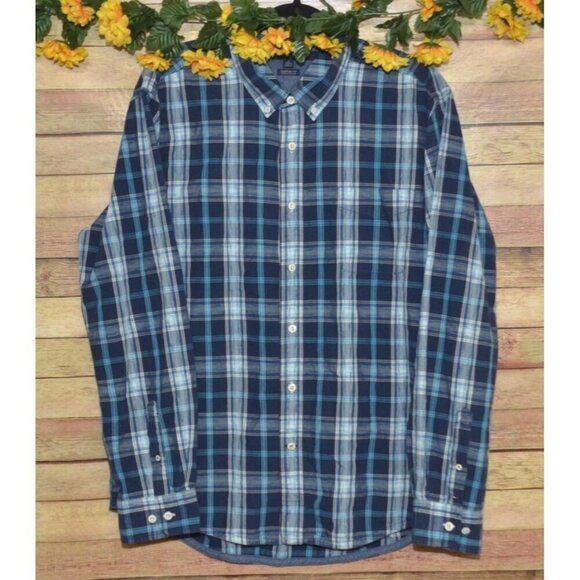 Tommy Hilfiger Custom Fit Men's XL Blue Plaid Button Front Long Sleeve Shirt Top - Picture 1 of 10